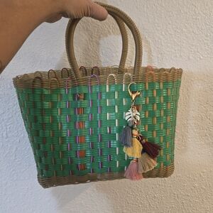 Colorful Woven Tote Bag with Tassel Charm